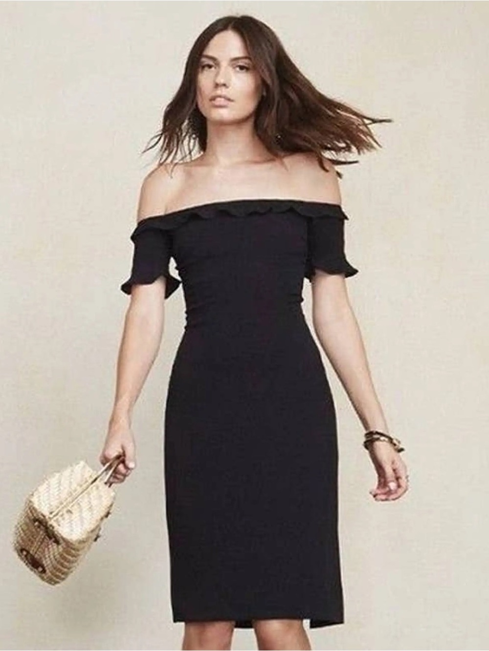 Reformation Antonia Dress Off the Shoulder Midi Dress in Black